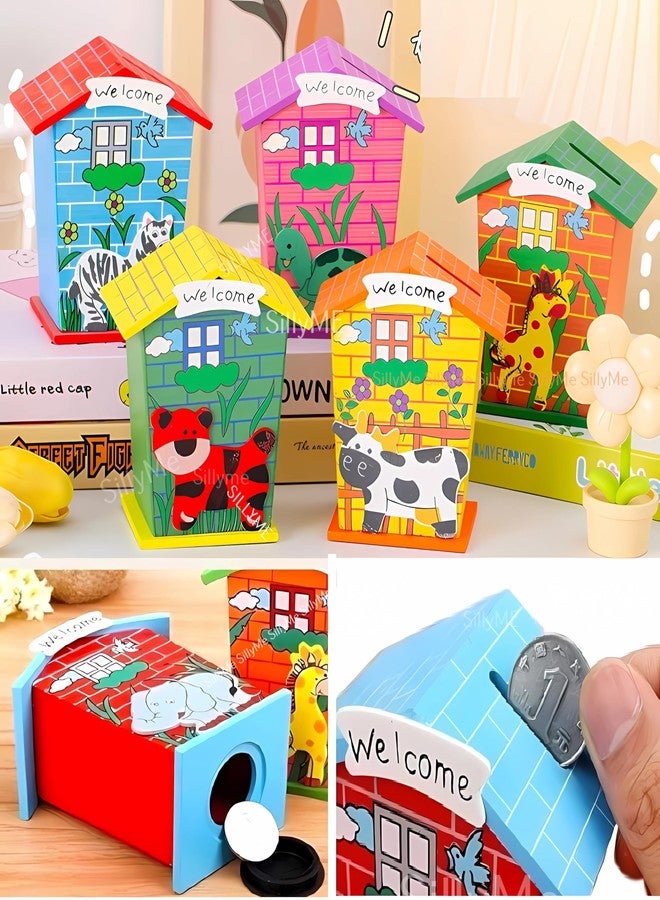 Sillyme 12pc Wooden Piggy Banks - Return Gifts Birthday Party for Kids, Colourful Animal Hut Shaped Coin Banks - Return Gift for Kids Birthday Age 6-10 6-12 - Image 1